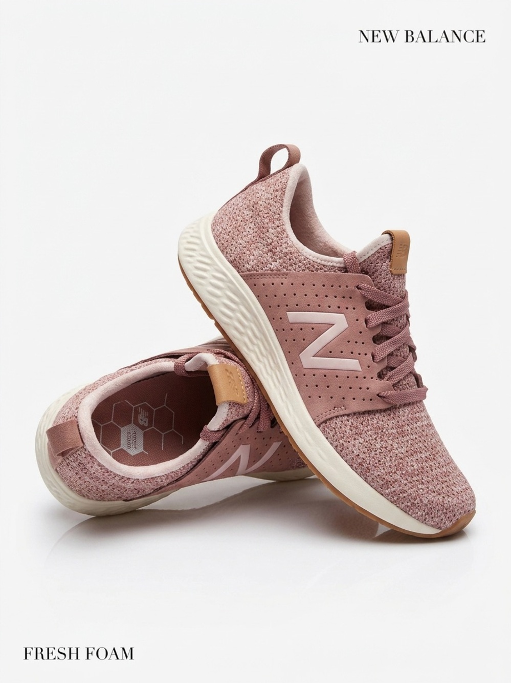 New Balance Women's Rose Pink Knit Sneakers with Tan Accents